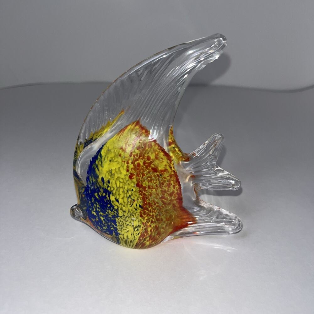 Murano Style Hand Blown Glass Angel Fish Paperweight Yellow, Blue, Orange - Picture 1 of 7